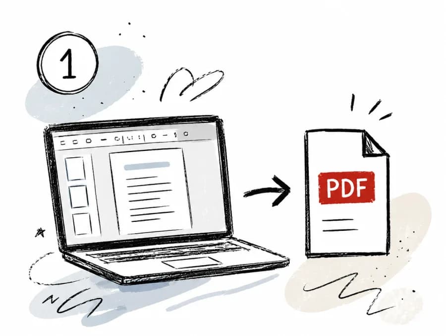Illustration eines Laptops beim Export einer Abschlussarbeit als PDF-Datei